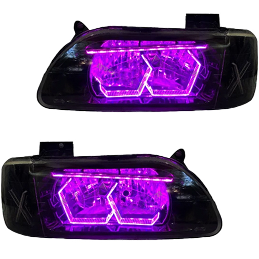 چراغ جلو اسپرت پراید 131 جمع ساز مدل 3D-Hexa-X بنفش داخل مشکی دوحالته بدون موتور دو عددی