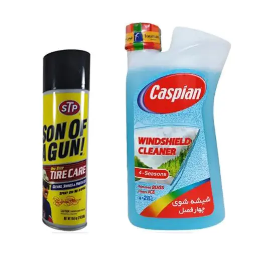 پکیج شیشه شوی کاسپین چهار فصل یک لیتری با اسپری لاستیک اس تی پی