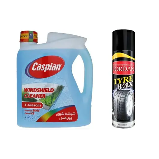پکیج شیشه شوی کاسپین چهار فصل چهار لیتری با اسپری لاستیک جردن