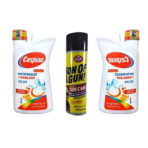 پکیج ضد یخ و ضد جوش کاسپین کولانت 50/50 یک لیتری دو عددی با اسپری لاستیک اس تی پی