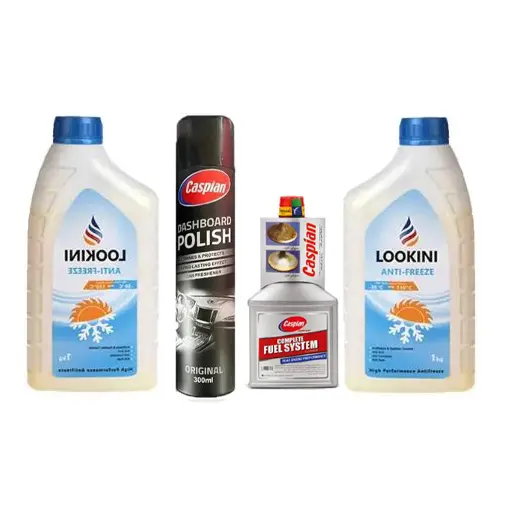 پکیج ضد یخ لوکینی 1 لیتری دو عددی با مکمل سوخت کاسپین با اسپری پولیش داشبورد کاسپین