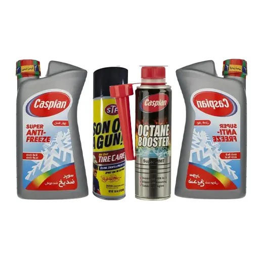 پکیج ضد یخ کاسپین 1 لیتری دوعددی با اکتان کاسپین با اسپری لاستیک اس تی پی