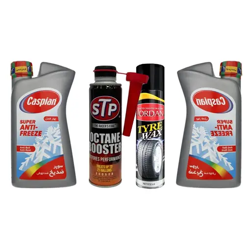 پکیج ضد یخ چهار فصل کاسپین 1 لیتری دوعددی با اکتان اس تی پی با اسپری لاستیک جردن