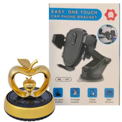 پکیج خوشبو کننده خورشیدی خودرو طرح سیب طلایی با هولدر موبایل Easy One Touch مدل ML-141